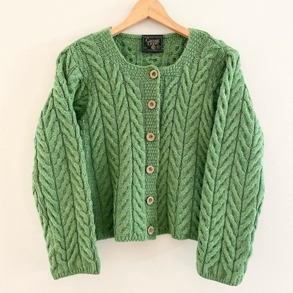 CARRAIG DONN | Irish Merino Wool Cable Knit Fisherman’s Cardigan Green Size S